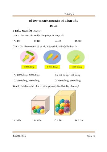 Tổng hợp 5 đề ôn thi giữa học kì II (Bộ Cánh diều) môn Toán Lớp 3 - Trần Hữu Hiếu - Đề số 5 (Kèm đáp án)