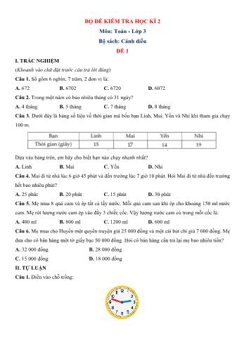 10 Đề kiểm tra học kì 2 Toán Lớp 3 Sách Cánh diều (Có hướng dẫn giải chi tiết)