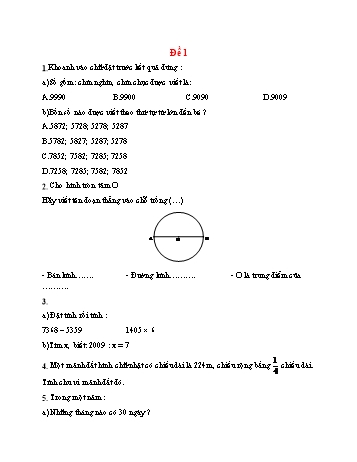 15 Đề thi giữa kì 2 Toán Lớp 3 - Năm học 2021-2022