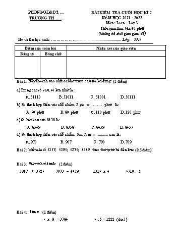 Bài kiểm tra cuối học kì 2 Toán Lớp 3 - Năm học 2021-2022