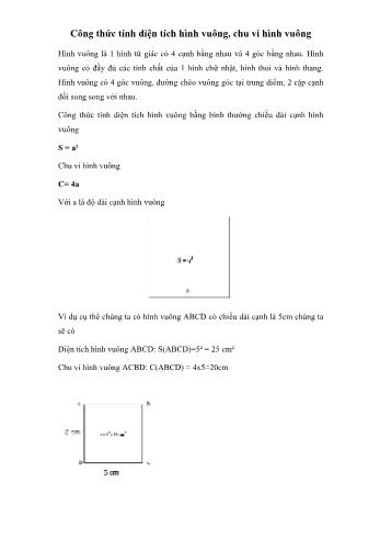 Bài tập Toán Lớp 3 - Công thức tính diện tích hình vuông, chu vi hình vuông