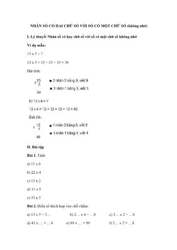 Bài tập Toán Lớp 3 - Nhân số có hai chữ số với số có một chữ số (không nhớ)