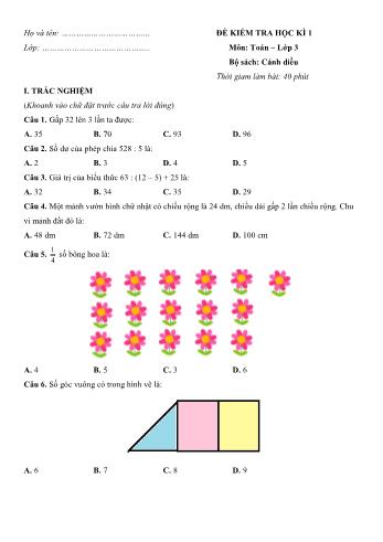 Đề kiểm tra học kì 1 Toán Lớp 3 (Sách Cánh diều) - Đề số 1 (Có hướng dẫn giải chi tiết)