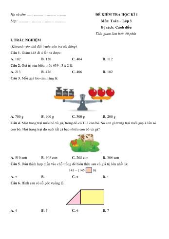 Đề kiểm tra học kì 1 Toán Lớp 3 (Sách Cánh diều) - Đề số 6 (Có hướng dẫn giải chi tiết)