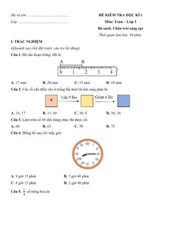 Đề kiểm tra học kì 1 Toán Lớp 3 Sách Chân trời sáng tạo - Đề số 1 (Có hướng dẫn giải chi tiết)