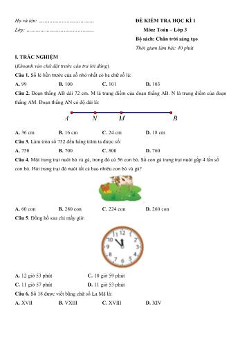 Đề kiểm tra học kì 1 Toán Lớp 3 Sách Chân trời sáng tạo - Đề số 6 (Có hướng dẫn giải chi tiết)