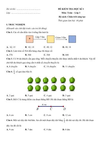 Đề kiểm tra học kì 1 Toán Lớp 3 Sách Chân trời sáng tạo - Đề số 5 (Có hướng dẫn giải chi tiết)