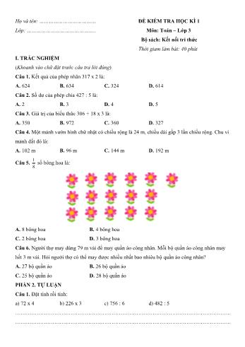 Đề kiểm tra học kì 1 Toán Lớp 3 sách Kết nối tri thức - Đề 1 (Có hướng dẫn giải chi tiết)