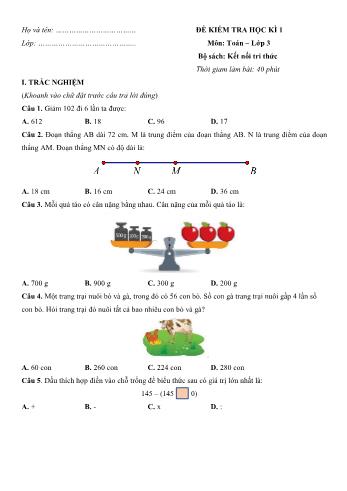 Đề kiểm tra học kì 1 Toán Lớp 3 sách Kết nối tri thức - Đề 6 (Có hướng dẫn giải chi tiết)