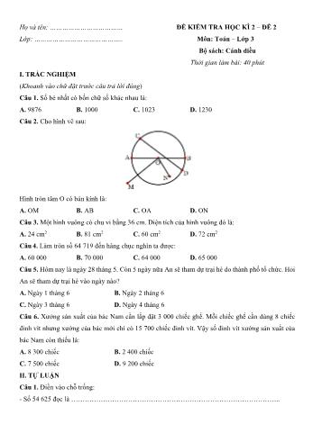 Đề kiểm tra học kì 2 Toán Lớp 3 (Sách Cánh diều) - Đề số 2 (Có hướng dẫn giải chi tiết)