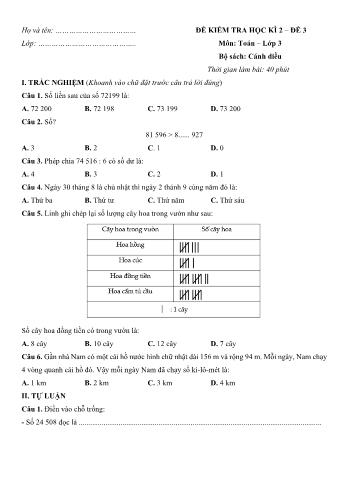 Đề kiểm tra học kì 2 Toán Lớp 3 (Sách Cánh diều) - Đề số 3 (Có hướng dẫn giải chi tiết)