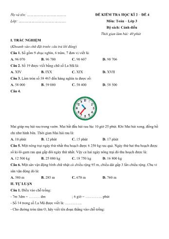 Đề kiểm tra học kì 2 Toán Lớp 3 (Sách Cánh diều) - Đề số 4 (Có hướng dẫn giải chi tiết)