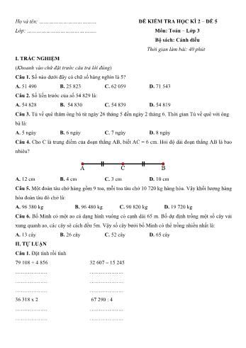 Đề kiểm tra học kì 2 Toán Lớp 3 (Sách Cánh diều) - Đề số 5 (Có hướng dẫn giải chi tiết)