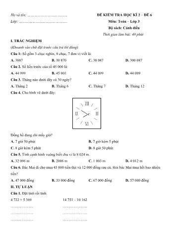 Đề kiểm tra học kì 2 Toán Lớp 3 (Sách Cánh diều) - Đề số 6 (Có hướng dẫn giải chi tiết)