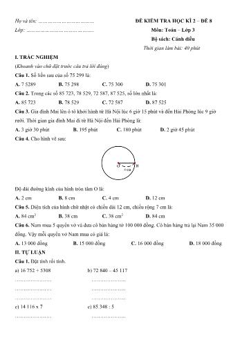 Đề kiểm tra học kì 2 Toán Lớp 3 (Sách Cánh diều) - Đề số 8 (Có hướng dẫn giải chi tiết)