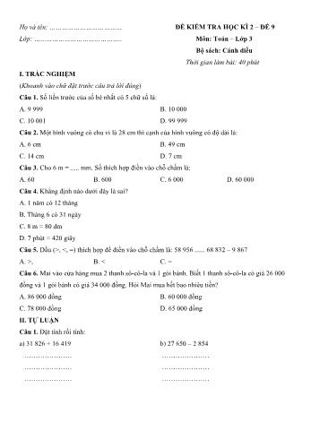 Đề kiểm tra học kì 2 Toán Lớp 3 (Sách Cánh diều) - Đề số 9 (Có hướng dẫn giải chi tiết)