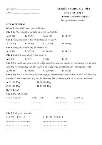 Đề kiểm tra học kì 2 Toán Lớp 3 Sách Chân trời sáng tạo - Đề số 1 (Có hướng dẫn giải chi tiết)