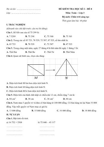 Đề kiểm tra học kì 2 Toán Lớp 3 Sách Chân trời sáng tạo - Đề số 8 (Có hướng dẫn giải chi tiết)