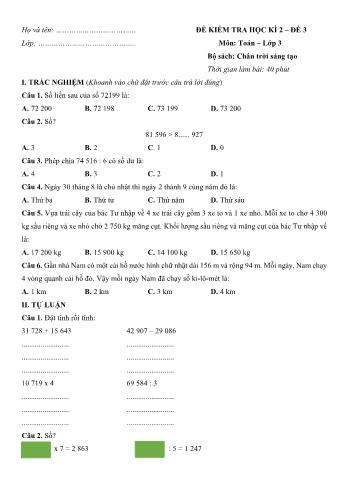 Đề kiểm tra học kì 2 Toán Lớp 3 Sách Chân trời sáng tạo - Đề số 3 (Có hướng dẫn giải chi tiết)