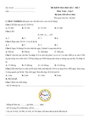 Đề kiểm tra học kì 2 Toán Lớp 3 sách Kết nối tri thức - Đề 3 (Có hướng dẫn giải chi tiết)