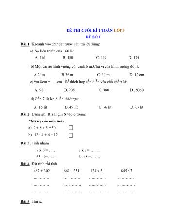 Đề thi cuối kì 1 Toán Lớp 3 - Đề số 1