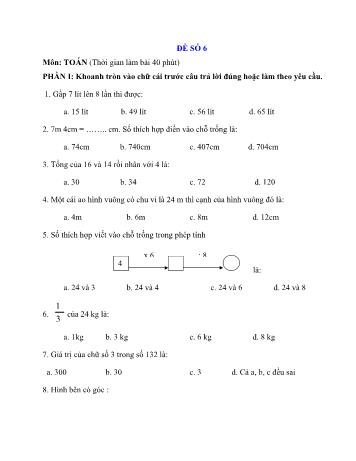 Đề thi cuối kì 1 Toán Lớp 3 - Đề số 6