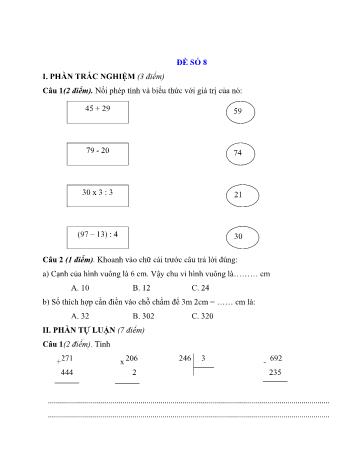 Đề thi cuối kì 1 Toán Lớp 3 - Đề số 8