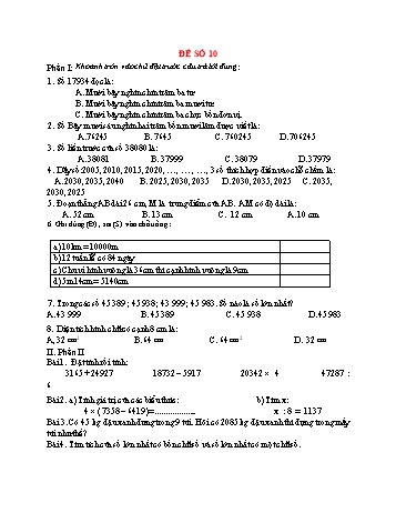 Đề thi giữa kì 2 Toán Lớp 3 - Đề 10 - Năm học 2021-2022