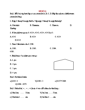 Đề thi giữa kì 2 Toán Lớp 3 - Đề 11 - Năm học 2021-2022