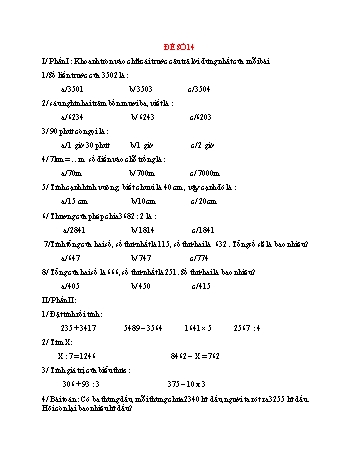 Đề thi giữa kì 2 Toán Lớp 3 - Đề 14 - Năm học 2021-2022