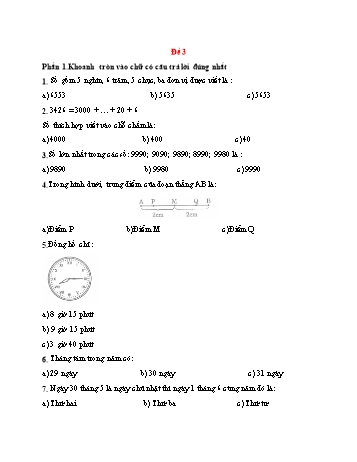 Đề thi giữa kì 2 Toán Lớp 3 - Đề 3 - Năm học 2021-2022