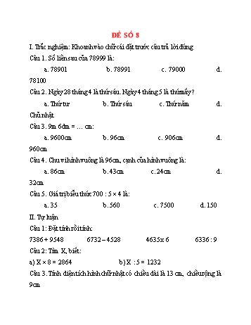 Đề thi giữa kì 2 Toán Lớp 3 - Đề 8 - Năm học 2021-2022