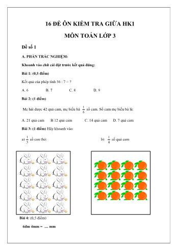 16 Đề ôn kiểm tra giữa học kì 1 Toán Lớp 3