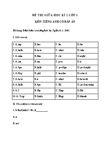 4 Đề thi giữa học kì 1 Tiếng Anh Lớp 3 (Có đáp án)