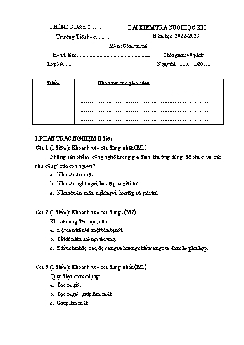 Bài kiểm tra cuối học kì 1 Công nghệ Lớp 3 Sách Kết nối tri thức - Năm học 2022-2023 (Có ma trận và đáp án)