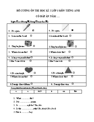 Đề cương ôn thi học kì 2 Tiếng Anh Lớp 3 (Có đáp án)