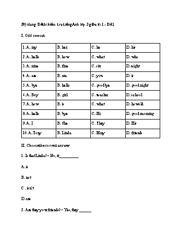 Đề thi giữa học kì 1 Tiếng Anh Lớp 3 - Đề 1 (Có đáp án)