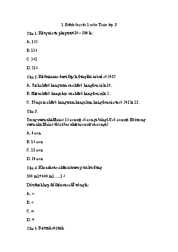 Đề thi học kì 1 môn Toán Lớp 3 Sách Kết nối tri thức (Có đáp án)