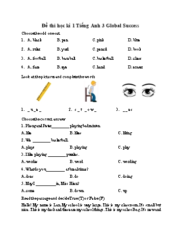 Đề thi học kì 1 Tiếng Anh Lớp 3 Sách Global success (Có đáp án)