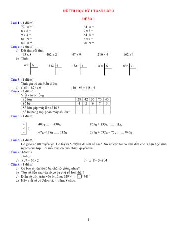 Đề thi học kì 1 Toán Lớp 3 (Có đáp án)