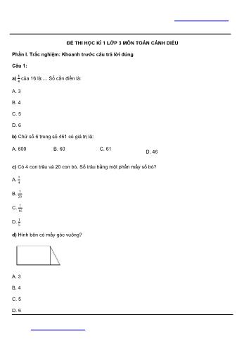 Đề thi học kì 1 Toán Lớp 3 Sách Cánh diều