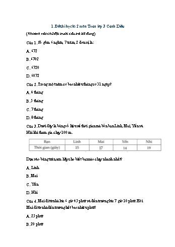 Đề thi học kì 2 Toán Lớp 3 Sách Cánh diều - Đề 3 (Có đáp án)