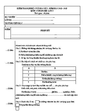 Kiểm tra định kì cuối học kì 1 Công nghệ Lớp 3 Sách Cánh diều - Năm học 2022-2023 (Có ma trận và đáp án)
