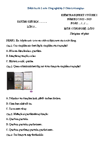 Kiểm tra định kì cuối học kì 1 Công nghệ Lớp 3 Sách Chân trời sáng tạo - Năm học 2022-2023 (Có đáp án)