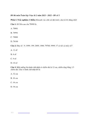 3 Đề thi học kì 2 Toán Lớp 3 (Phần 2) - Năm học 2021-2022 (Có đáp án)