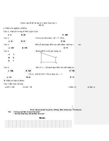 50 Đề thi học kì 1 Toán Lớp 3 (Có đáp án)