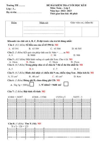 Bài kiểm tra cuối học kì 2 Toán Lớp 3 Sách Chân trời sáng tạo - Năm học 2022-2023 (Có hướng dẫn đánh giá)