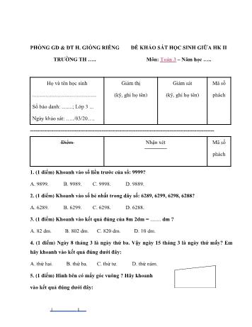 Đề khảo sát học sinh giữa học kì 2 Toán và Tiếng Việt Lớp 3 - Năm học 2022-2023 - Phòng GD&ĐT Giồng Riềng (Có đáp án)