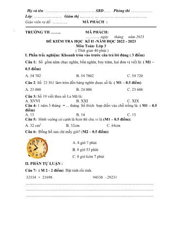 Đề kiểm tra học kì 2 Toán Lớp 3 Sách Cánh diều - Năm học 2022-2023 (Có đáp án)