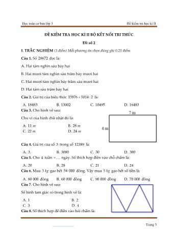 Đề kiểm tra học kì 2 Toán Lớp 3 (Sách Kết nối tri thức) - Đề số 2 (Có đáp án)